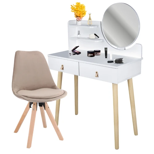 Туалетний столик Jumi Scandi з дзеркалом (шкіряні ручки) білий + стілець Saida бежевий