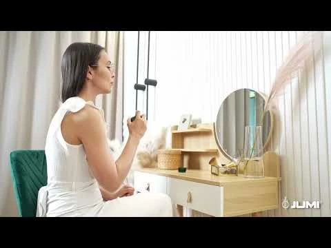 youtube video 1 Туалетний столик Jumi Scandi з дзеркалом (шкіряні ручки) білий + стілець Saida бежевий
